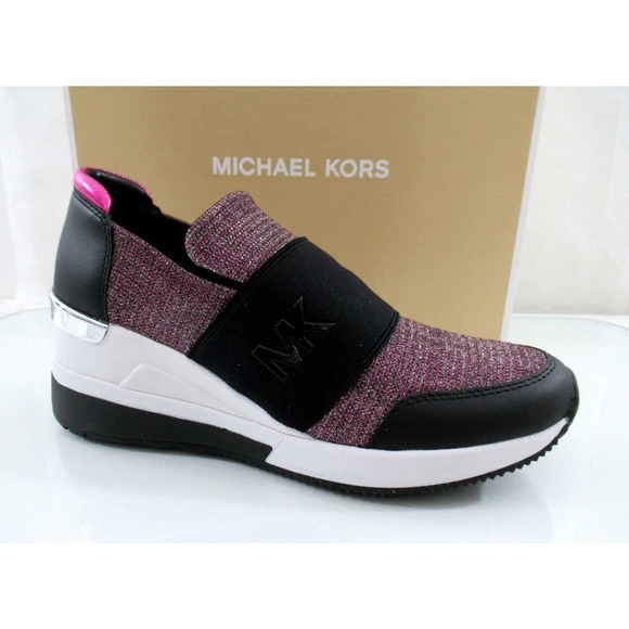 Michael Kors Felix Trainer Wedge Slip On Sneaker MK Logo Merlot / Black - Picture 1 of 11